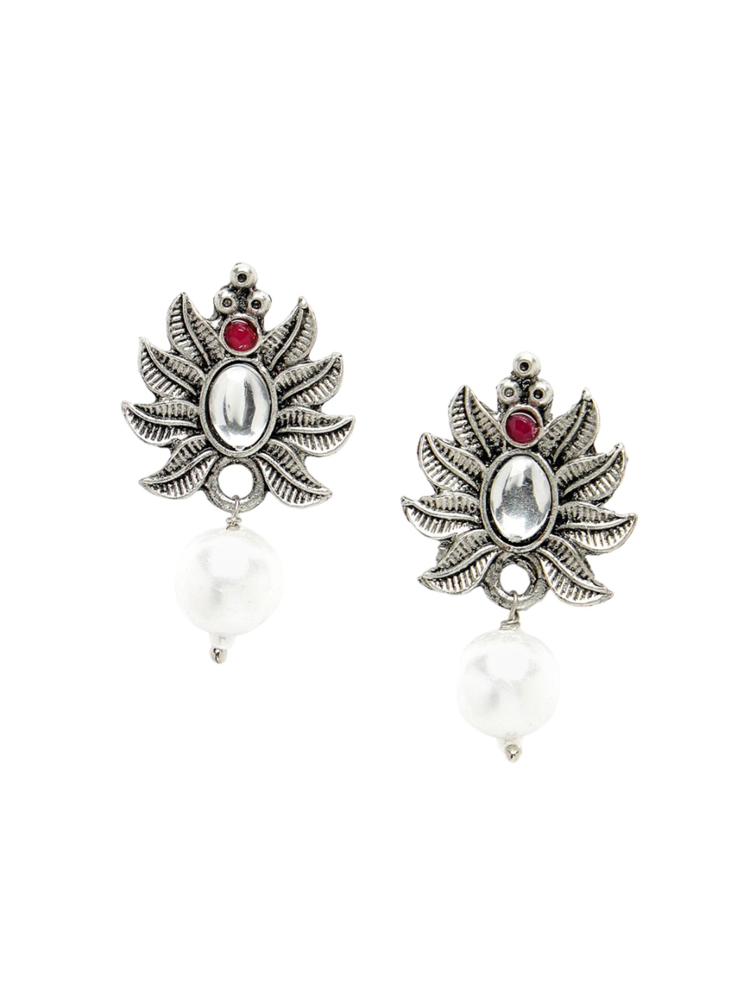 

ADIVA Silver-Plated Stone-Studded & Pearl Beaded Oxidised Drop Earrings