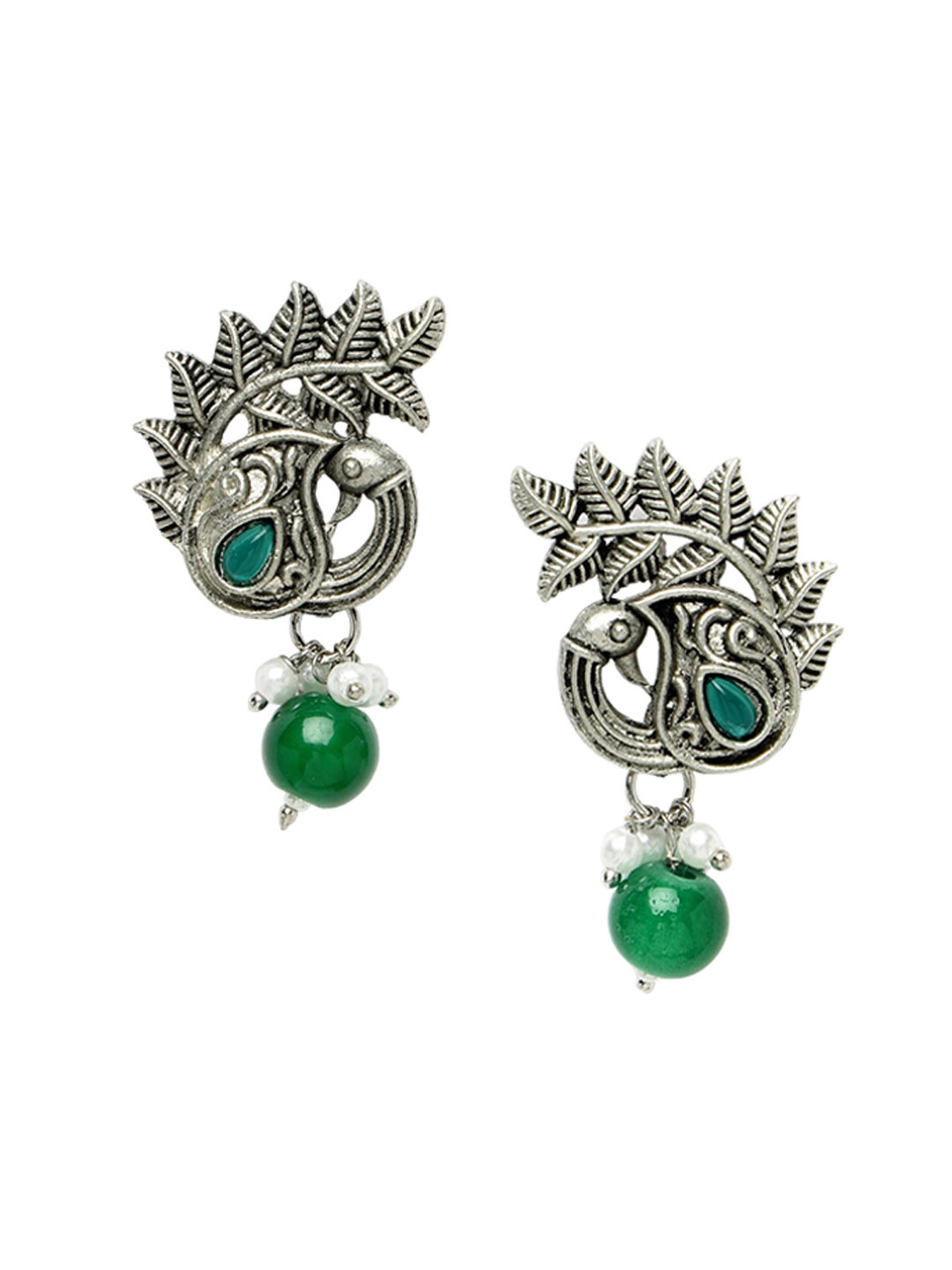 

ADIVA Silver-Plated Stone-Studded & Pearl Beaded Peacock Shaped Oxidised Drop Earrings