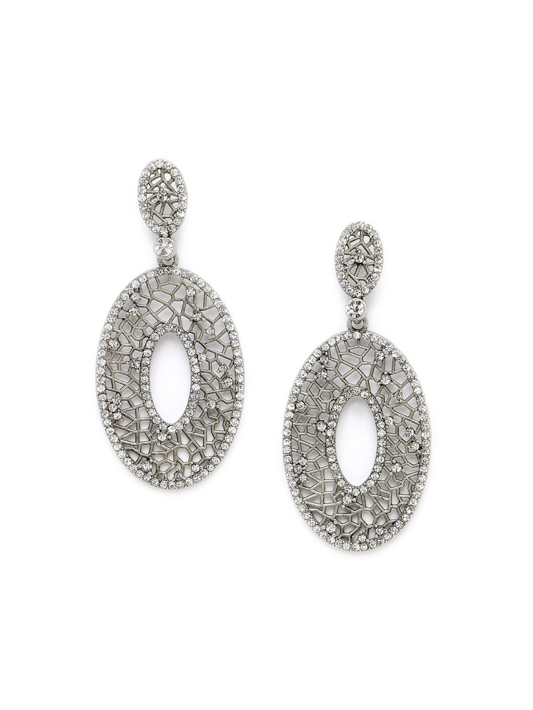 

ADIVA Silver-Plated Stone Studded Oval Drop Earrings