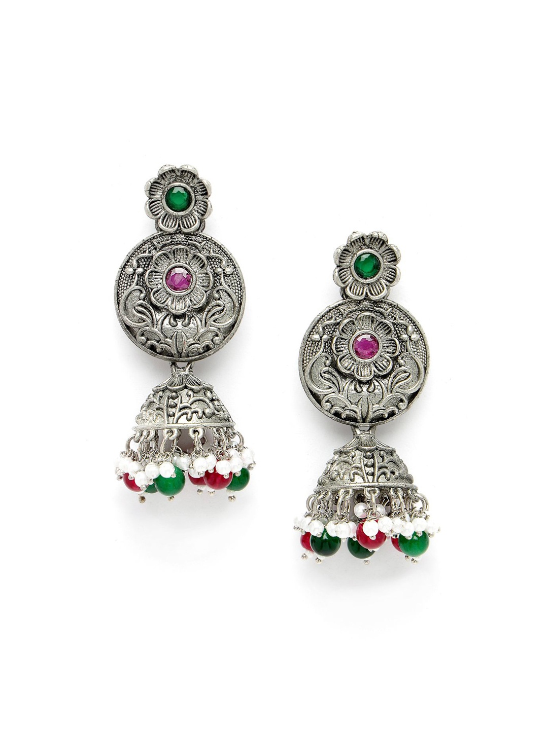 

ADIVA Silver-Plated Stone-Studded & Pearl Beaded Dome Shaped Oxidised Jhumkas