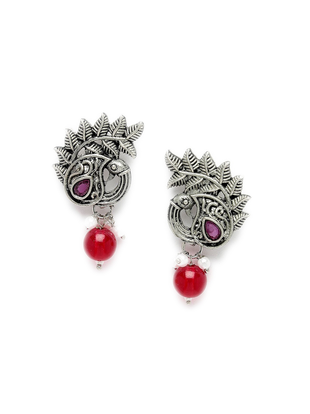 

ADIVA Silver Plated Artificial Beads Oxidised Peacock Shaped Drop Earrings