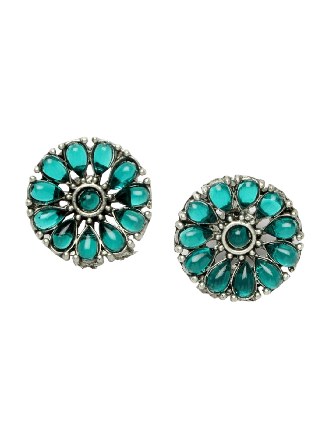 

ADIVA Silver-Plated Stone-Studded Oxidised Floral Studs Earrings