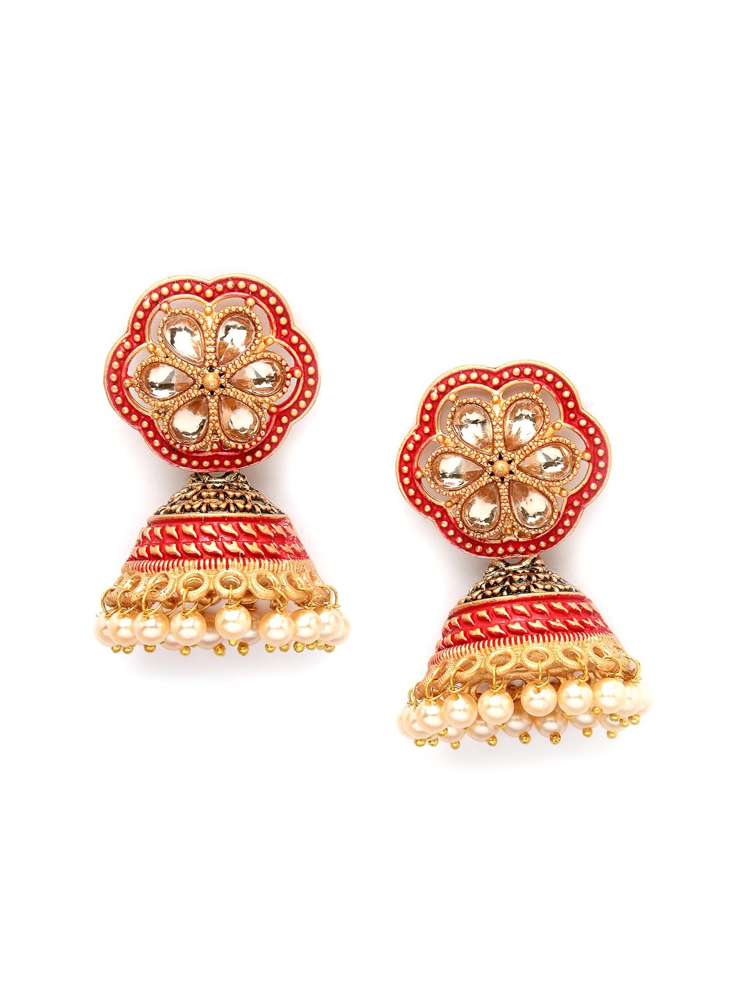 

ADIVA Gold-Plated Stone-Studded & Beaded Dome Shaped Jhumkas