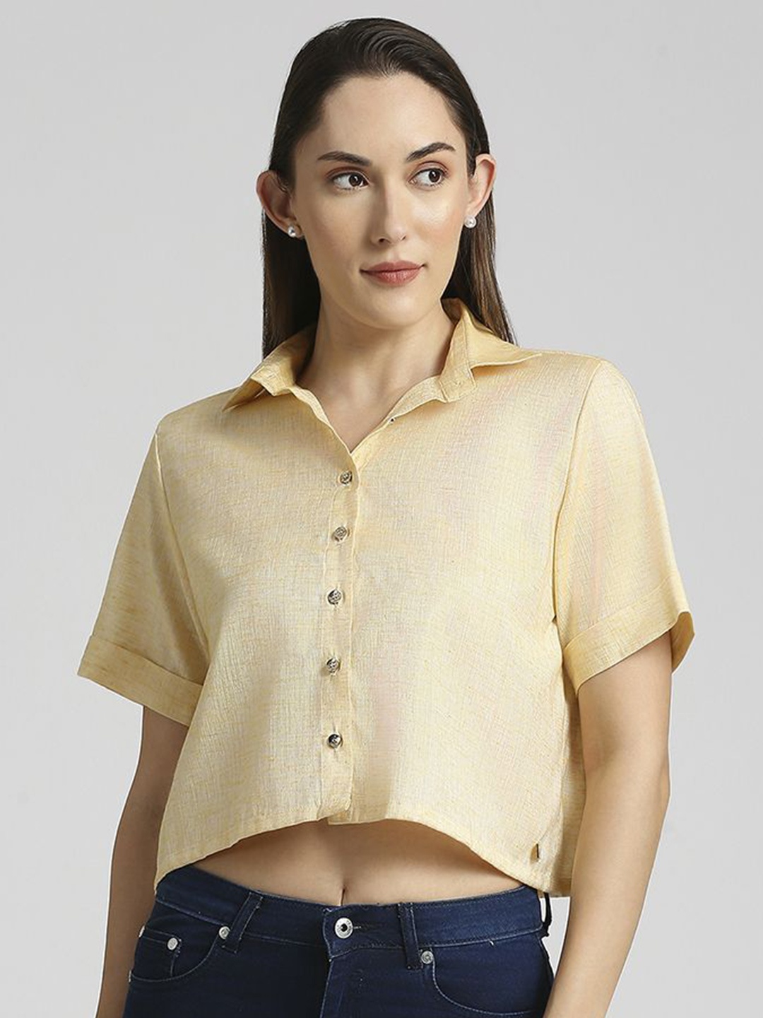 

EMBLAZE Comfort Relaxed Fit Textured Self Design Cotton Crop Casual Shirt, Beige