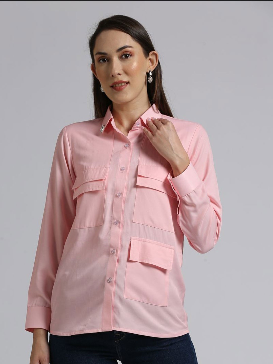 

EMBLAZE Comfort Relaxed Fit Spread Collar Embellished Cotton Casual Shirt, Pink