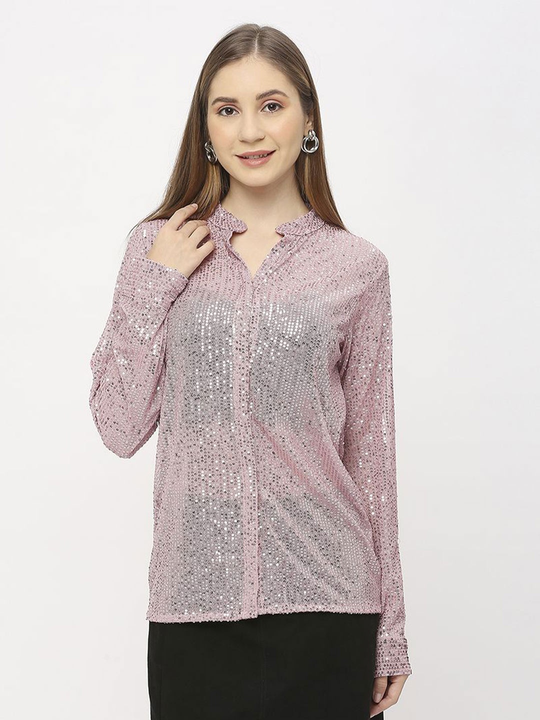 

EMBLAZE Comfort Relaxed Fit Embellished Semi Sheer Mandarin Collar Sequinned Party Shirt, Pink