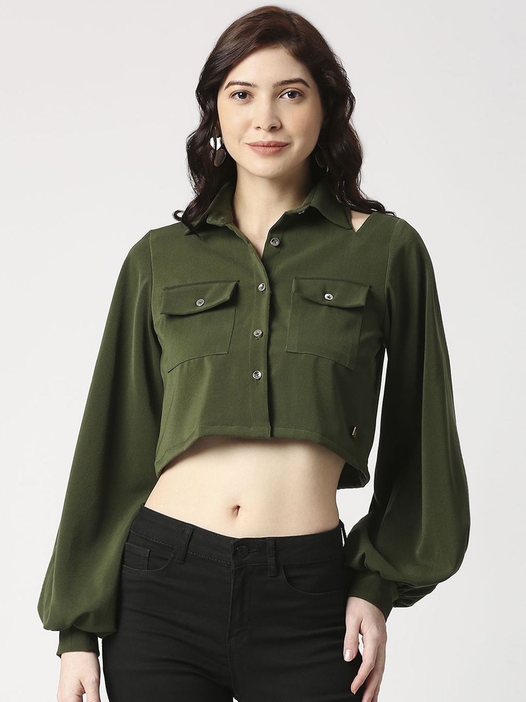 

EMBLAZE Comfort Relaxed Fit Spread Collar Crop Casual Shirt, Olive