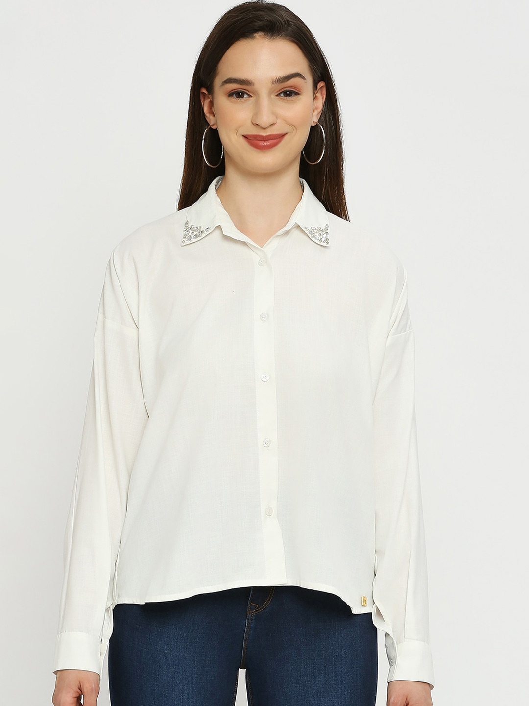 

EMBLAZE Comfort Relaxed Fit Embellished Detail Casual Shirt, White