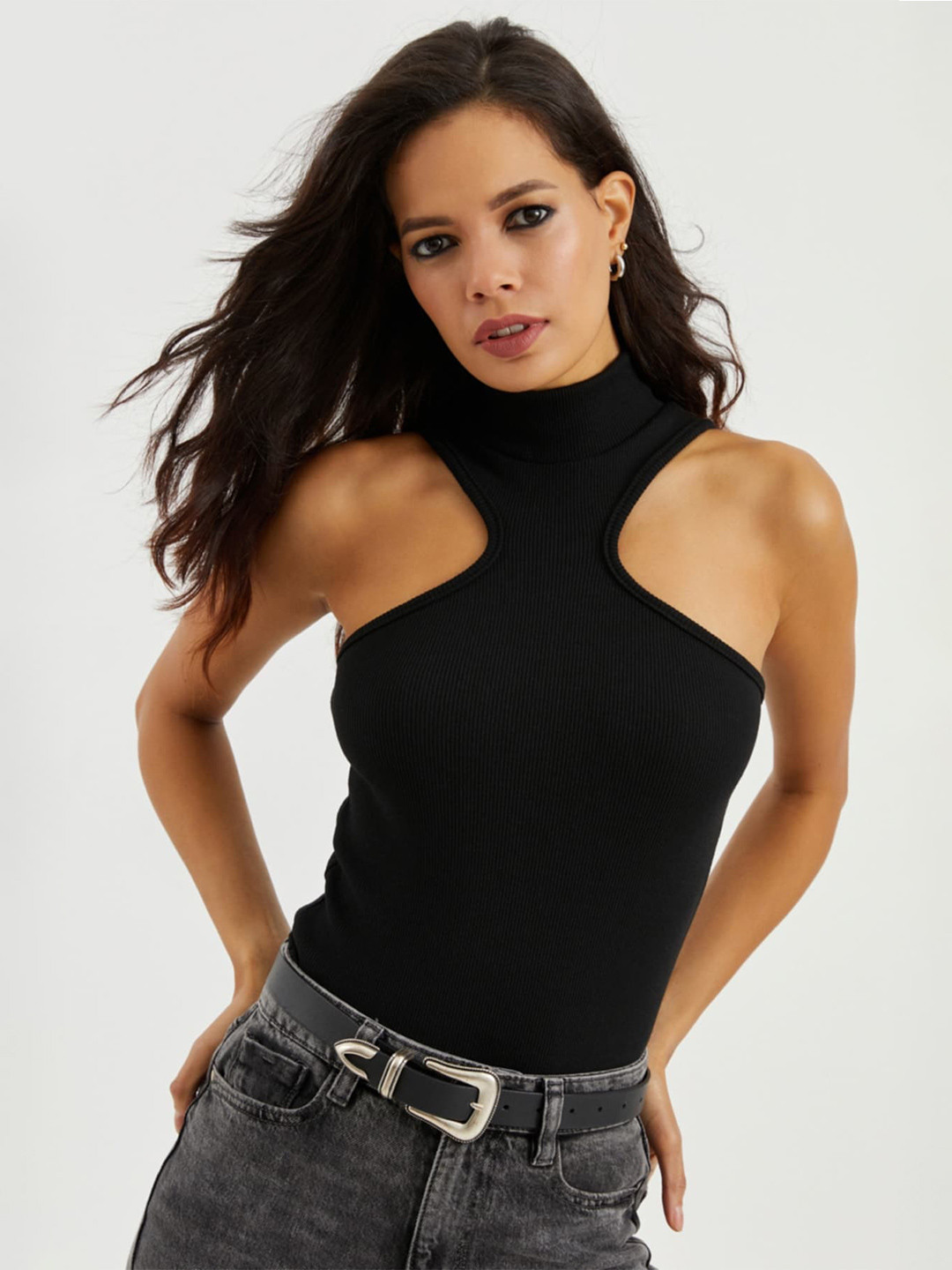 

Cool & Sexy Solid Fitted Halter Neck Top, Black