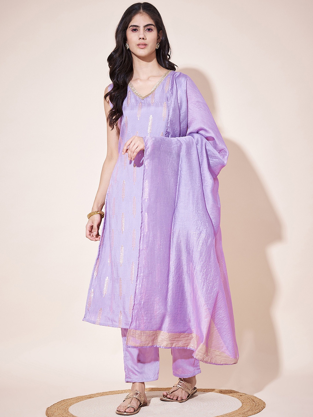 

KALINI Floral Regular Pure Silk Kurta With Trousers & Dupatta, Lavender