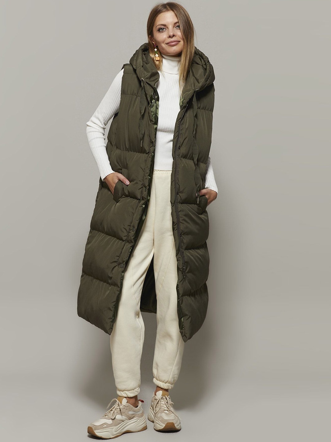 

Cool & Sexy Hooded Longline Padded Jacket, Olive
