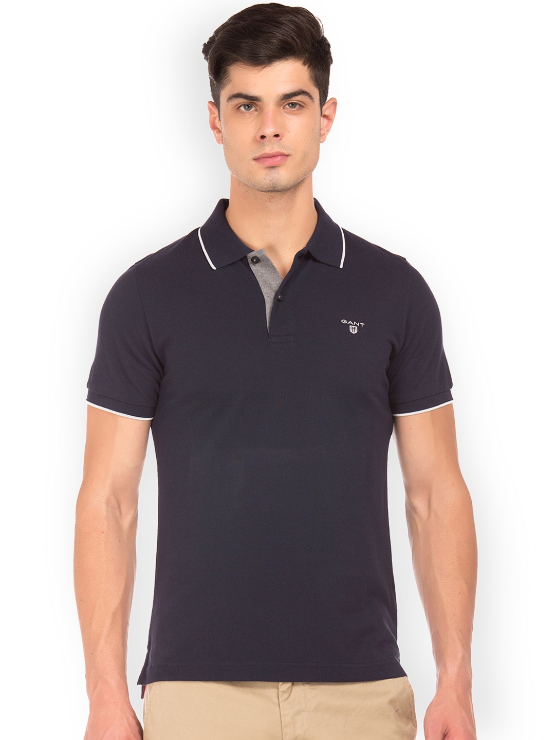 

GANT Men Navy Blue Solid Polo Collar T-shirt