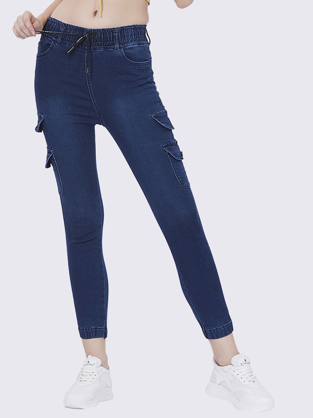 

Blum Denim Women Smart High Rise Clean Look Stretchable Cropped Cargo Joggers, Navy blue