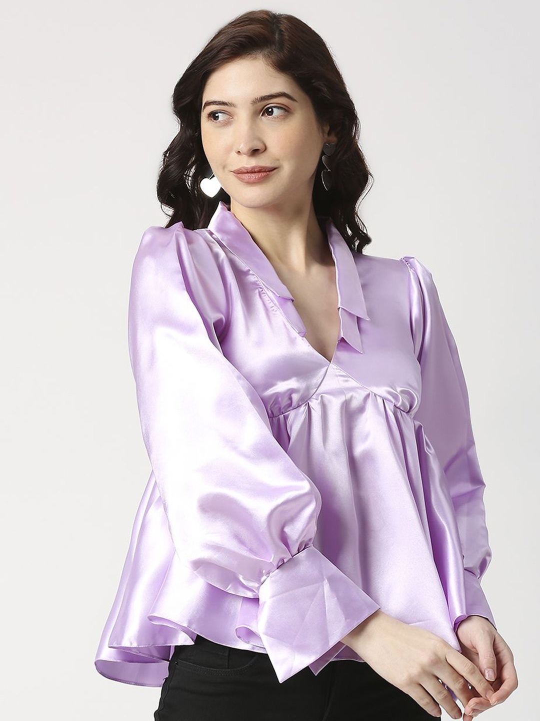 

EMBLAZE Pleated Shirt Collar Cuffed Sleeves Satin Empire Casual Top, Lavender