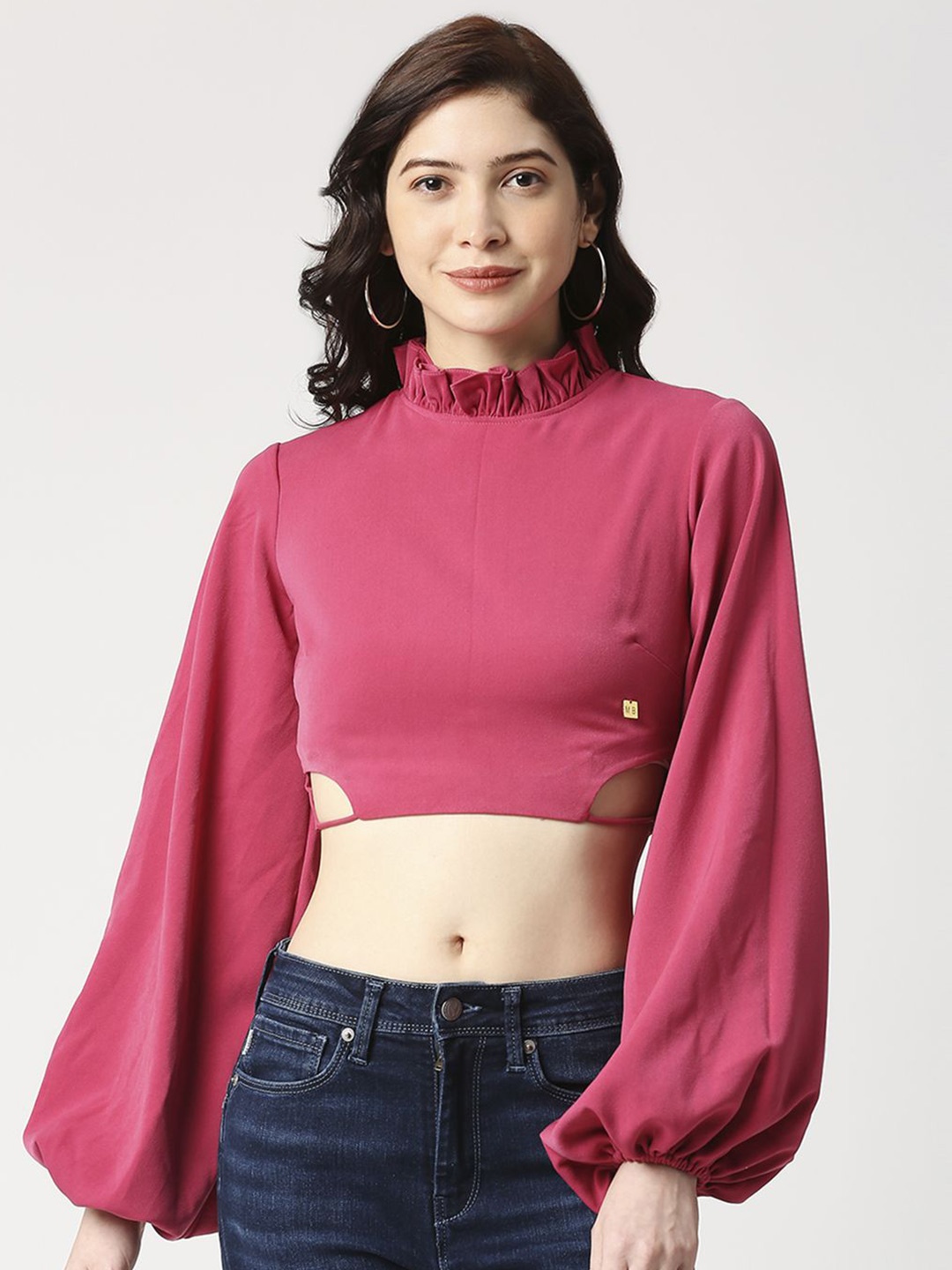 

EMBLAZE Puff Sleeve High Neck Crop Top, Pink