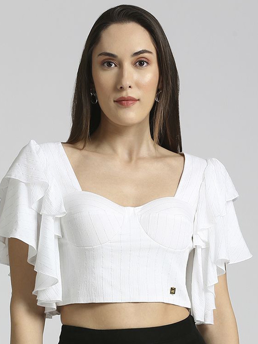

EMBLAZE Striped Sweetheart Neck Layered Flutter Sleeves Fitted Crop Top, White
