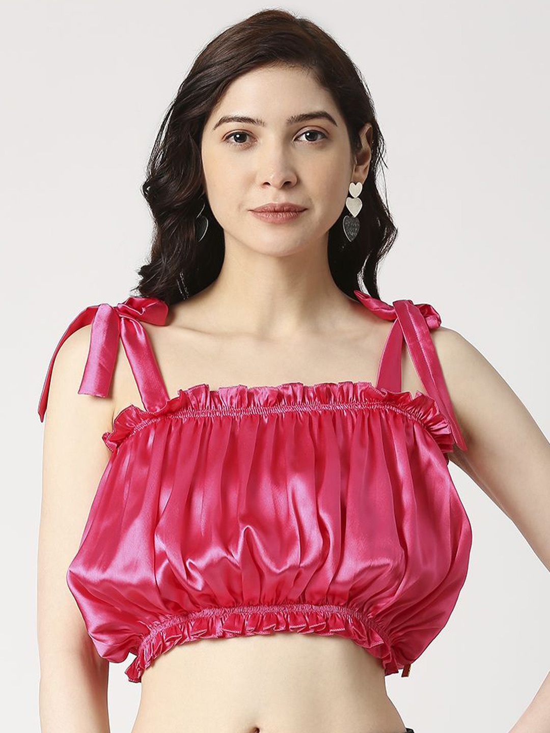 

EMBLAZE Shoulder Straps Gathered Detailed Satin Blouson Crop Top, Pink