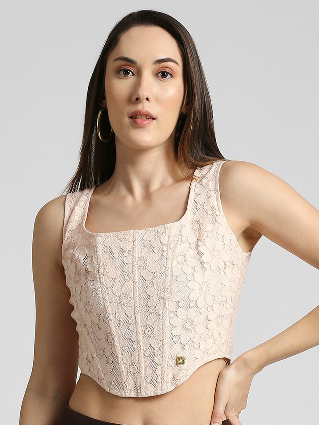 

EMBLAZE Self Design Crop Cotton Top, Peach
