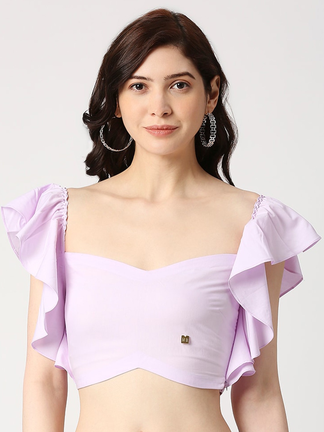 

EMBLAZE Sweetheart Neck Flutter Sleeves Ruffles Detailed Fitted Cotton Crop Top, Lavender