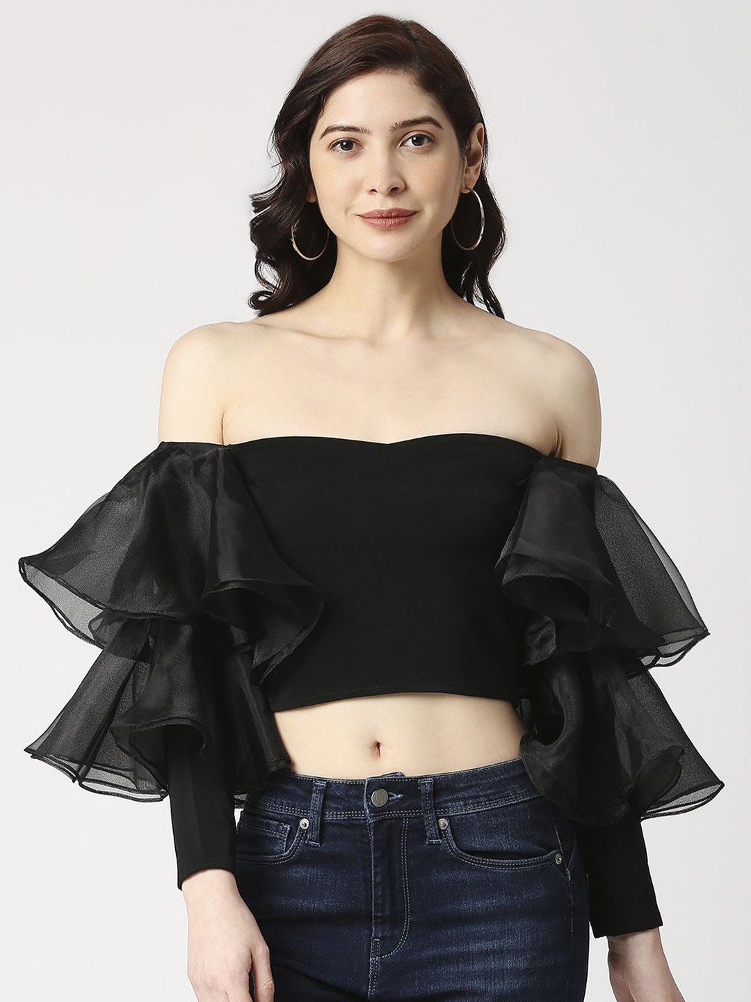 

EMBLAZE Off-Shoulder Flared Sleeves Cotton Bardot Crop Top, Black