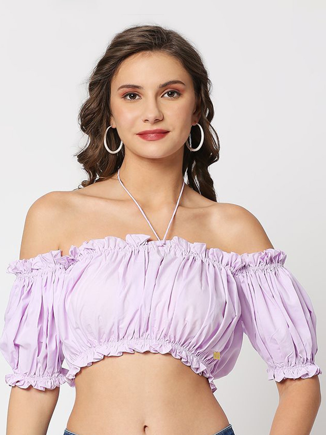 

EMBLAZE Off-Shoulder Puff Sleeves Cotton Bardot Crop Top, Purple