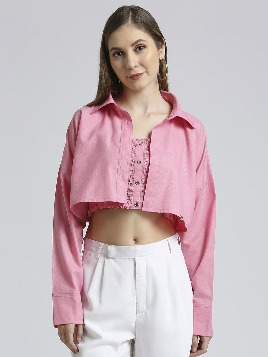

EMBLAZE Strapless Smocked Cotton Tube Top With Shirt, Pink