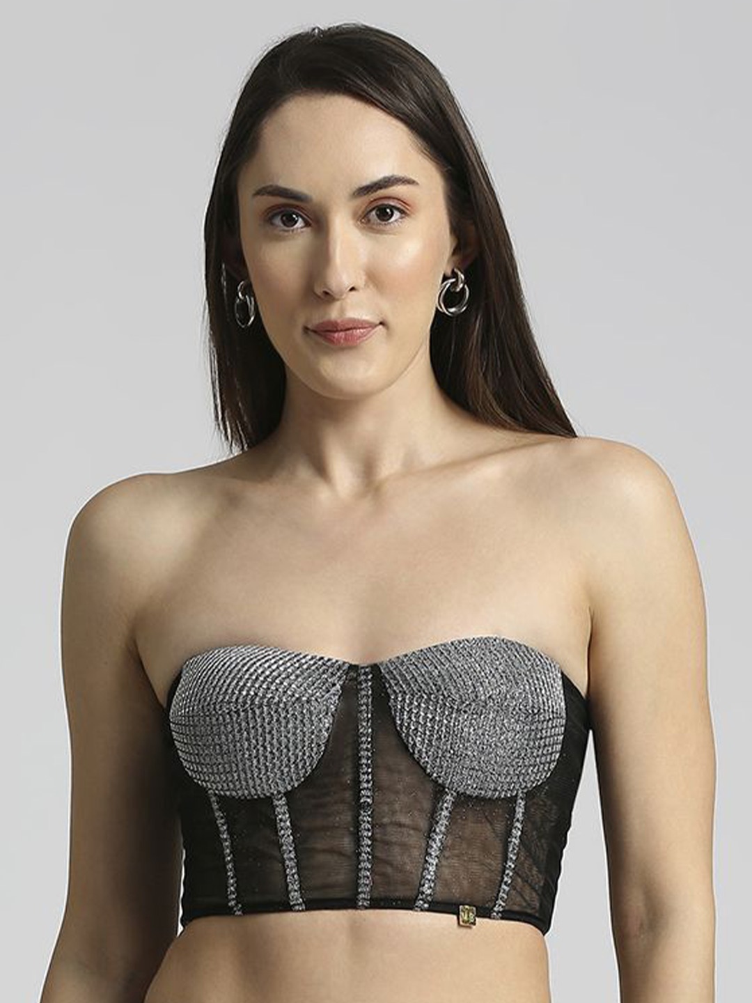 

EMBLAZE Embellished Strapless Tube Crop Top, Black