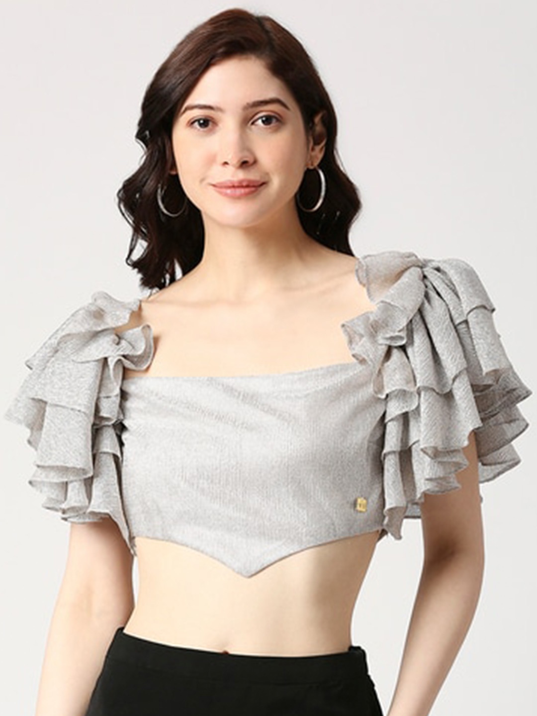 

EMBLAZE Shimmer Self Design Square Neck Layered Flutter Sleeves Fitted Casual Crop Top, Silver