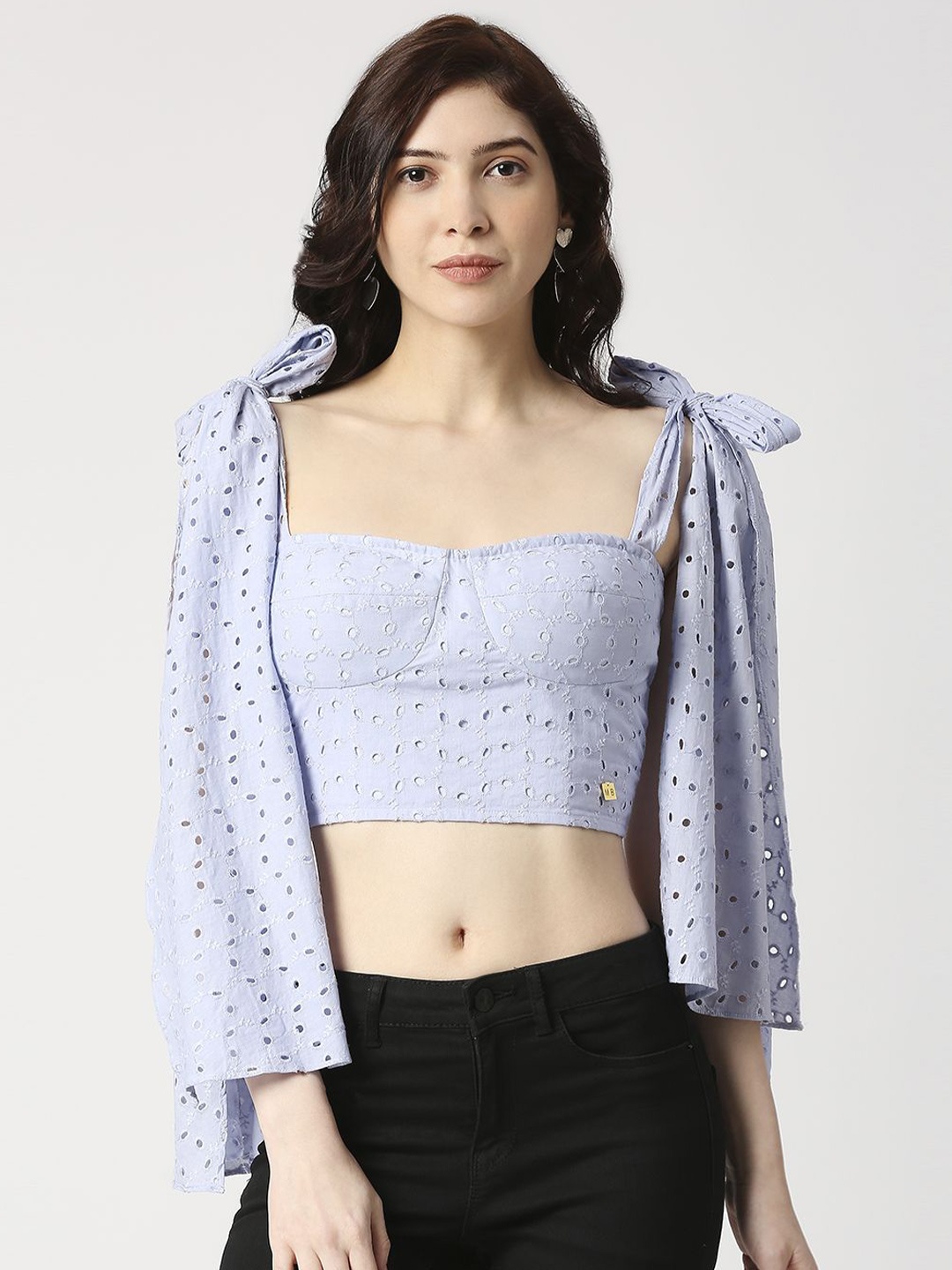 

EMBLAZE Women Sweetheart Neck Cotton Schiffli Crop Top, Blue