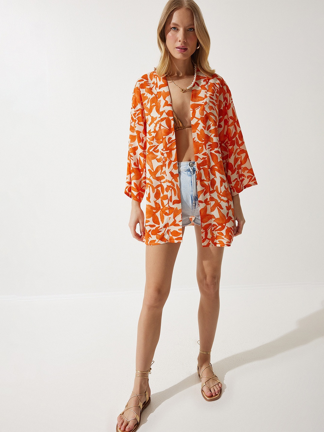 

Happiness istanbul Floral Printed Open Front Shrug, Orange
