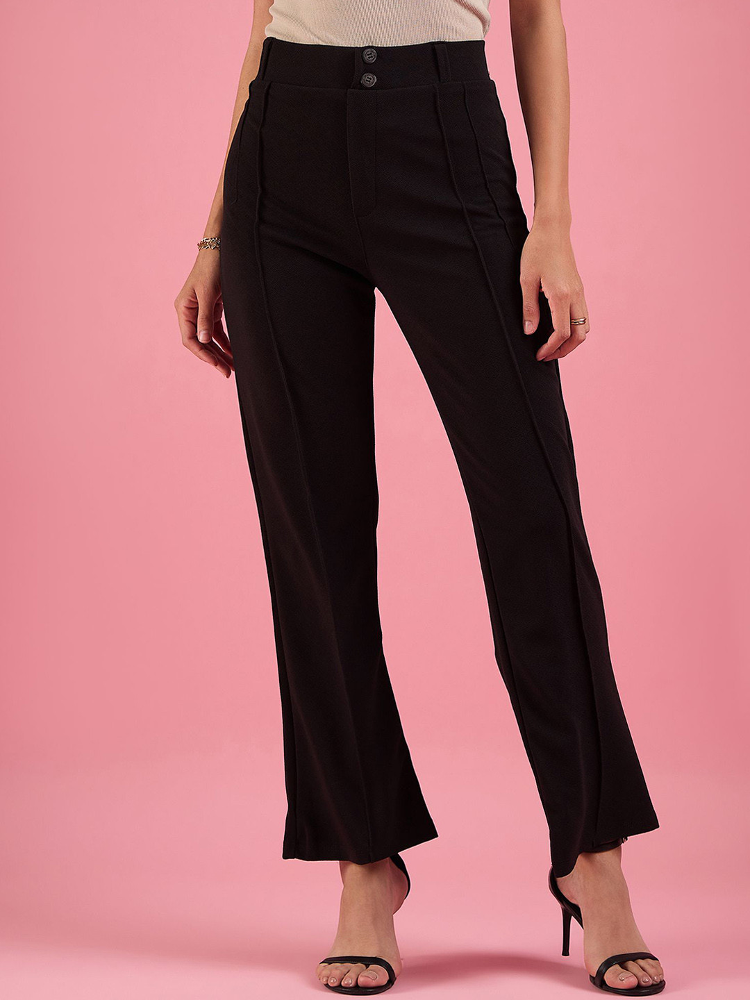 

DressBerry Women High-Rise Pleated Parallel Trousers, Black