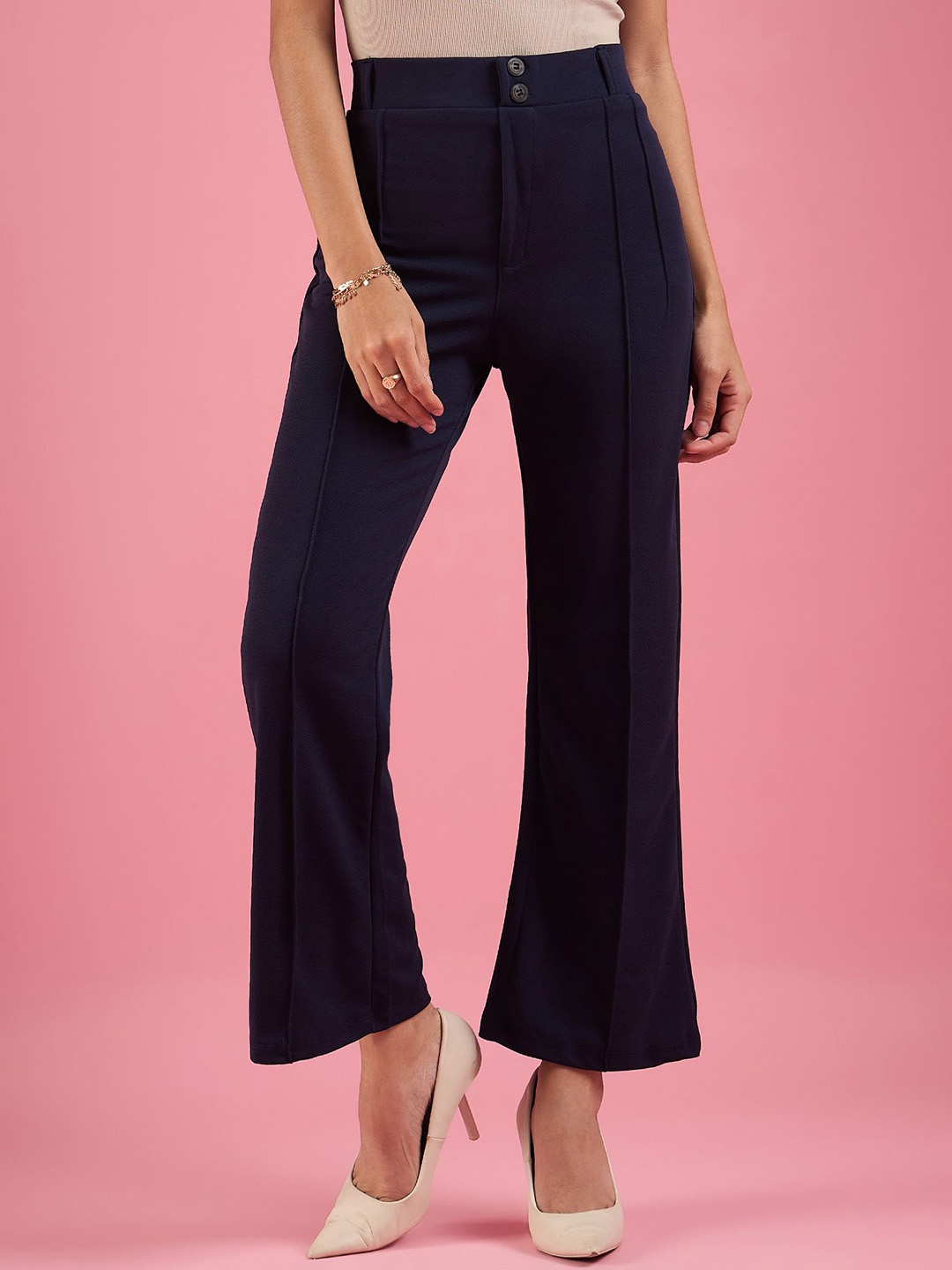 

DressBerry Women High-Rise Pleated Parallel Trousers, Navy blue