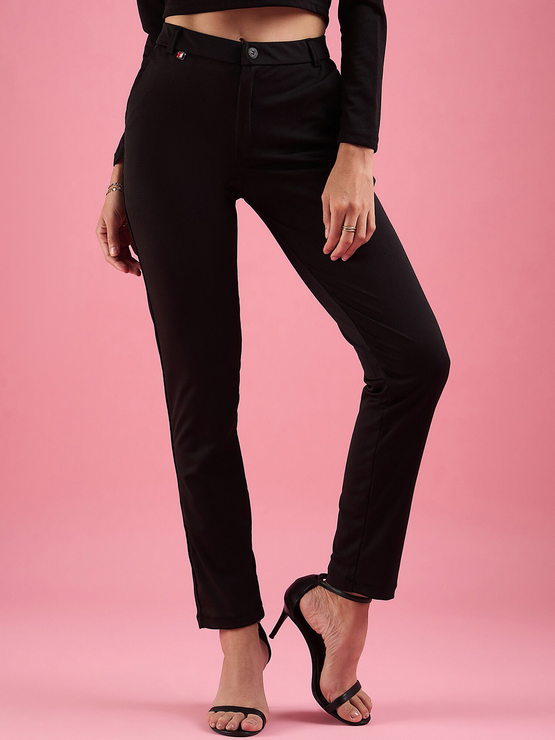 

DressBerry Women Black Mid Rise Regular Trousers
