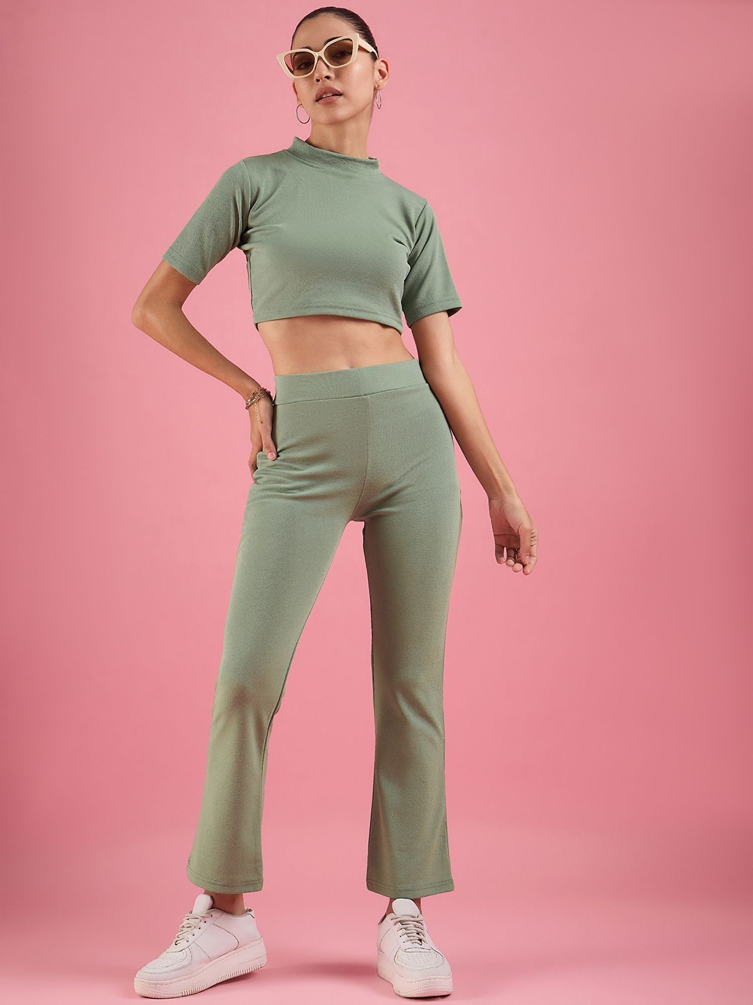 

DressBerry Green Round Neck Short Sleeves Crop Top & Trousers