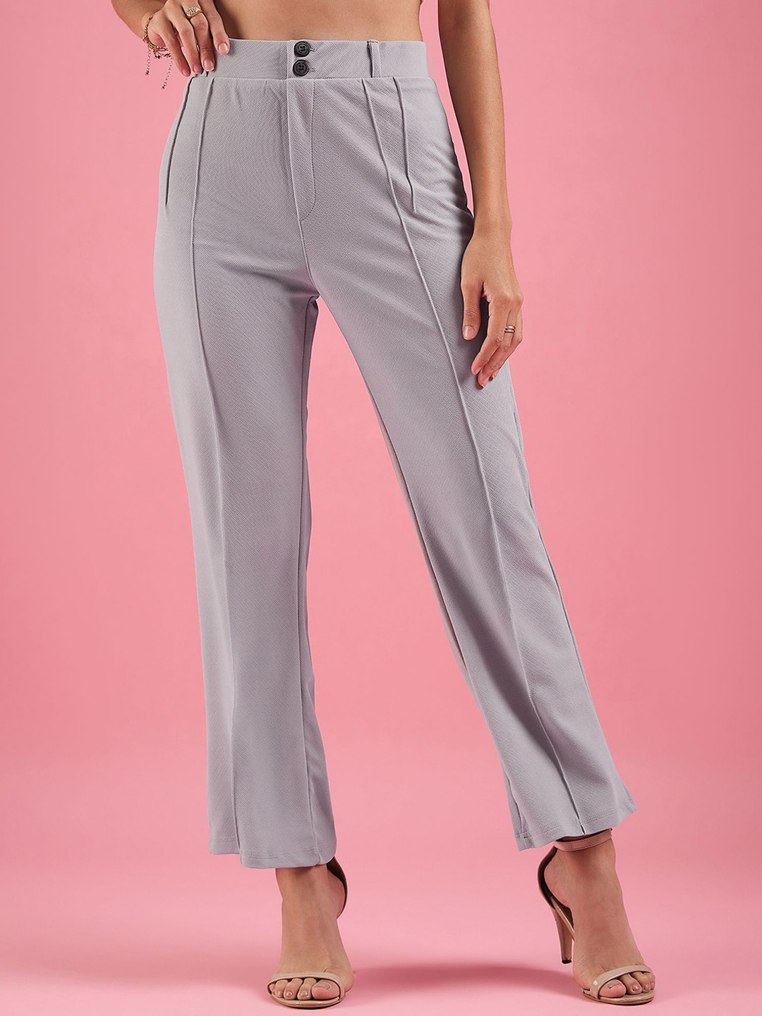 

DressBerry Women High-Rise Pleated Parallel Trousers, Silver