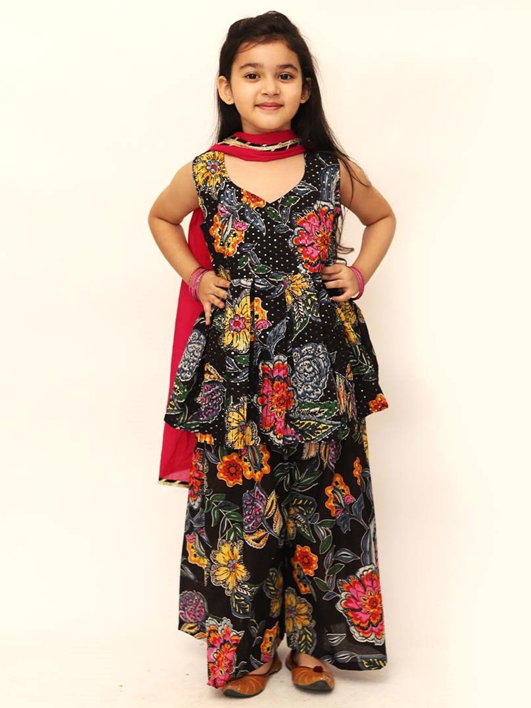 

Folk Culture Clothing Girls Printed Cotton Kurta With Sharara, Black