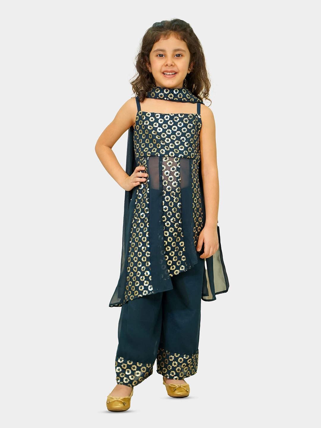 

Folk Culture Clothing Girls Embroidered Georgette Kurta With Trousers, Teal