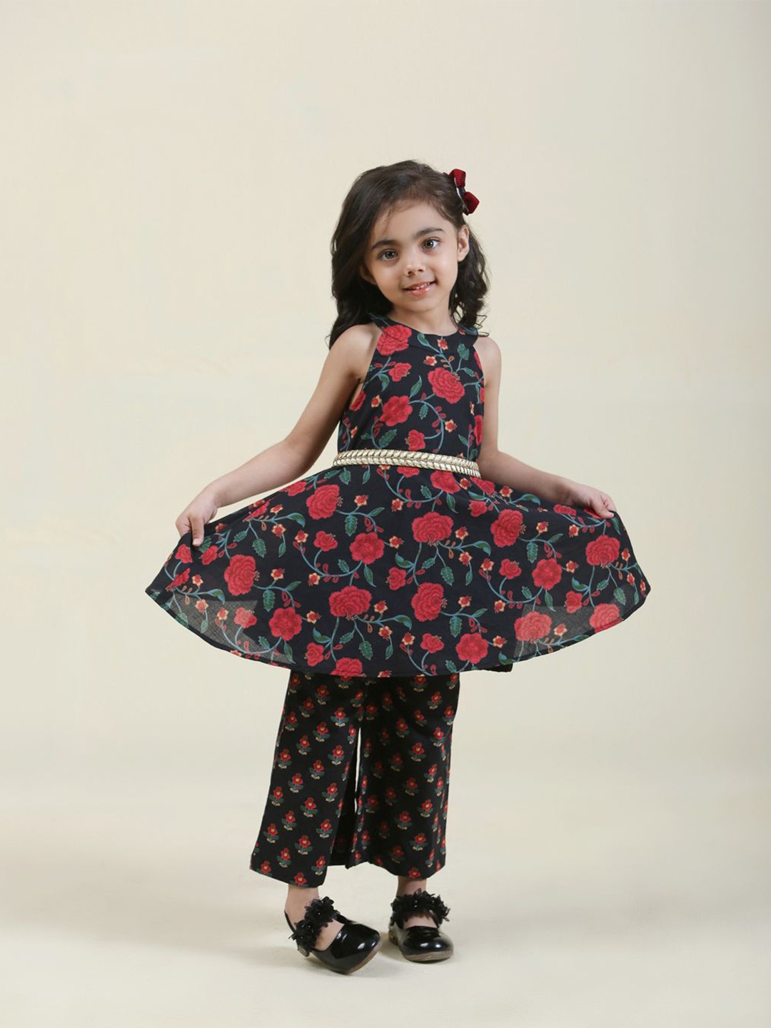 

Folk Culture Clothing Girls Printed Pure Cotton Tunic With Trousers, Black