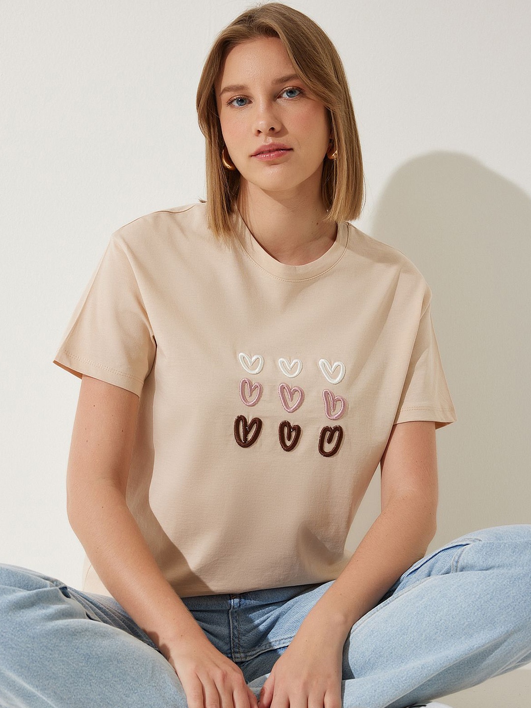 Happiness istanbul Women Typography Printed Round Neck T-shirt, Beige
