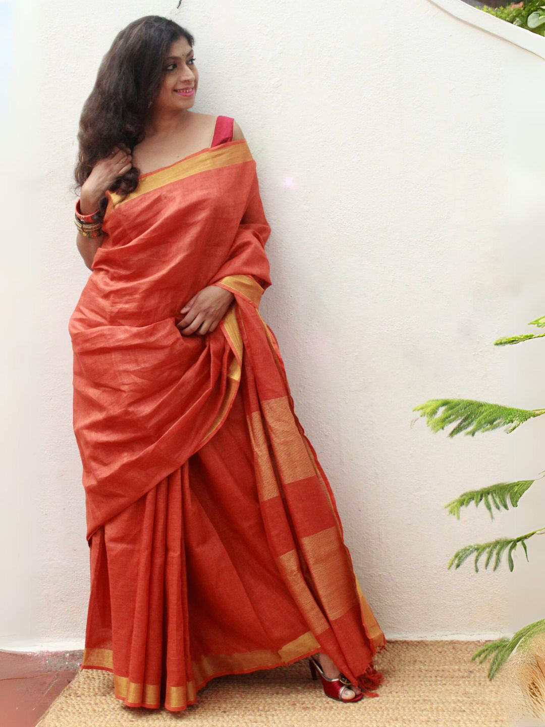 

Weaves of Tradition Zari Pure Linen Saree, Orange