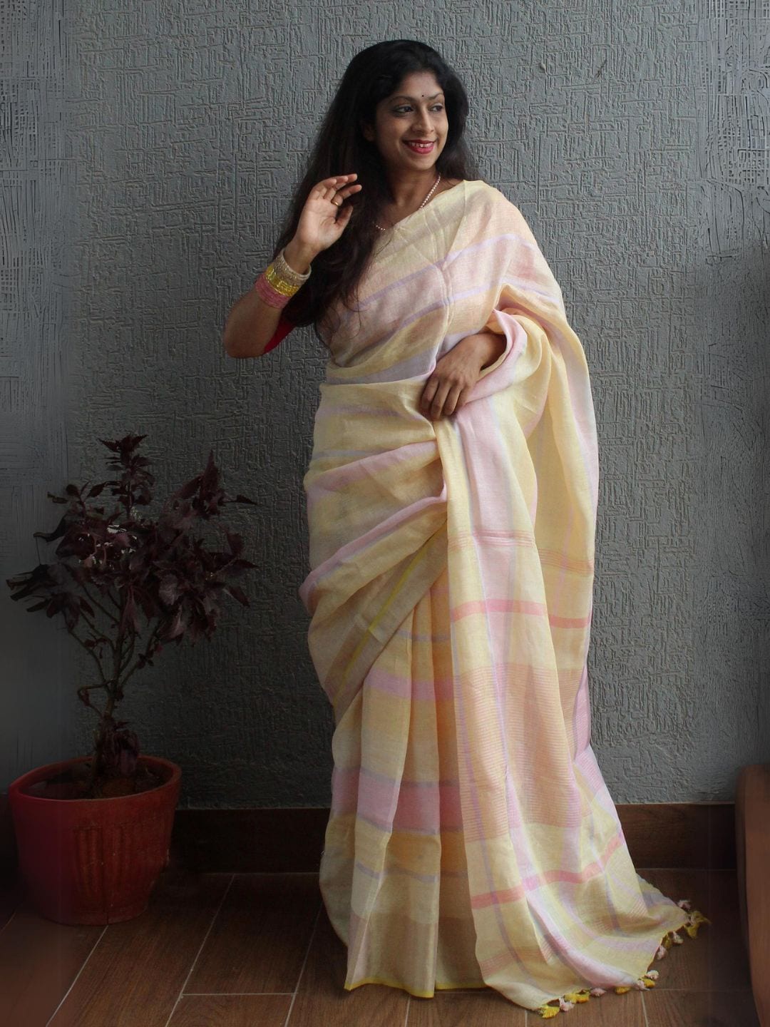 

Weaves of Tradition Striped Pure Linen Saree, Yellow
