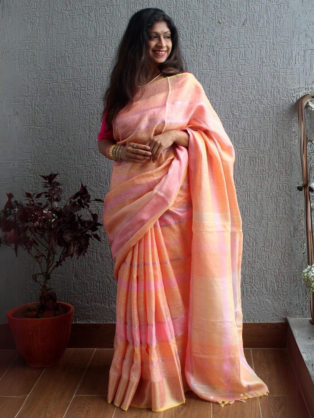 

Weaves of Tradition Striped Pure Linen Saree, Orange