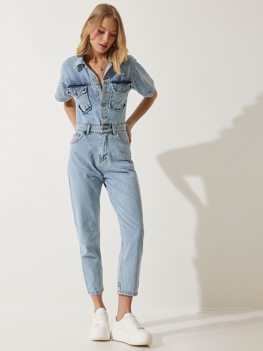 

Happiness istanbul Shirt Collar Pure Cotton Basic Jumpsuit, Blue