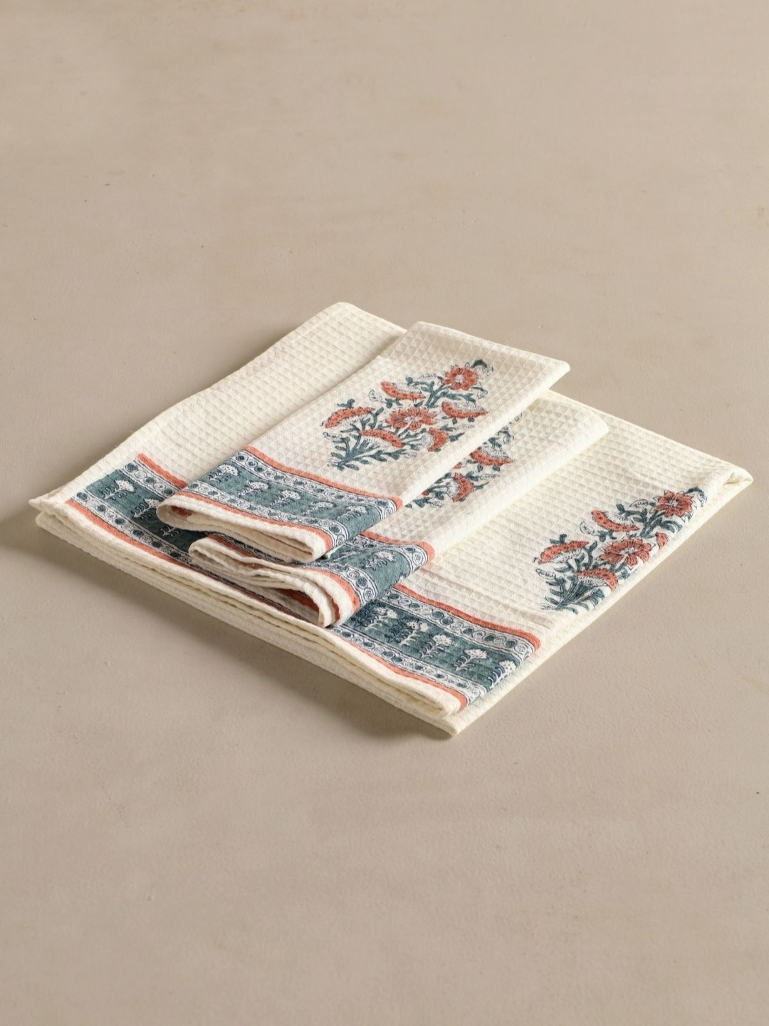 

Peepul Tree 3Pcs Off White & Teal Blue Block Printed Cotton Waffle Towel Set