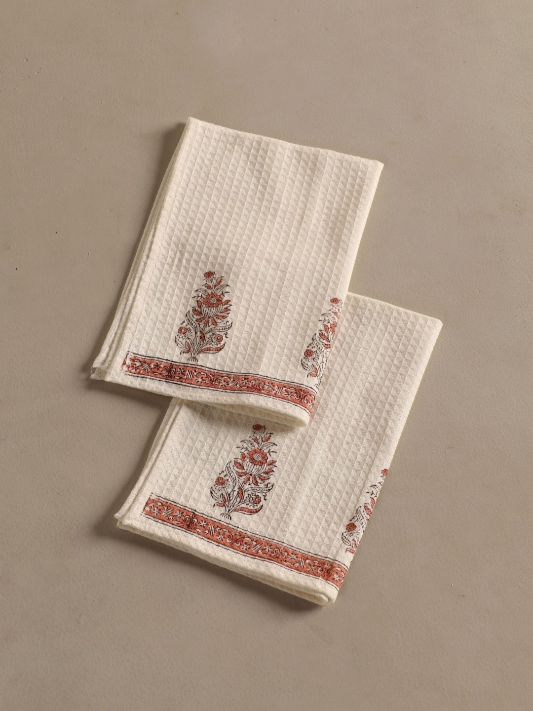 

Peepul Tree 2 pcs Block Printed Cotton Hand & Bath Waffle Towel Set, Off white
