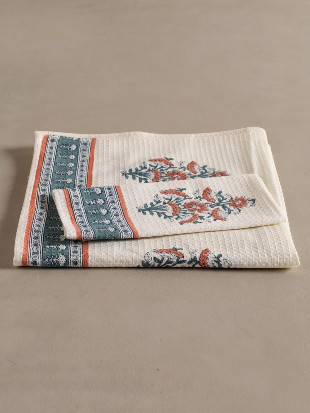 

Peepul Tree 2 Pcs Off White & Teal Cotton Hand & Bath Waffle Towel Set