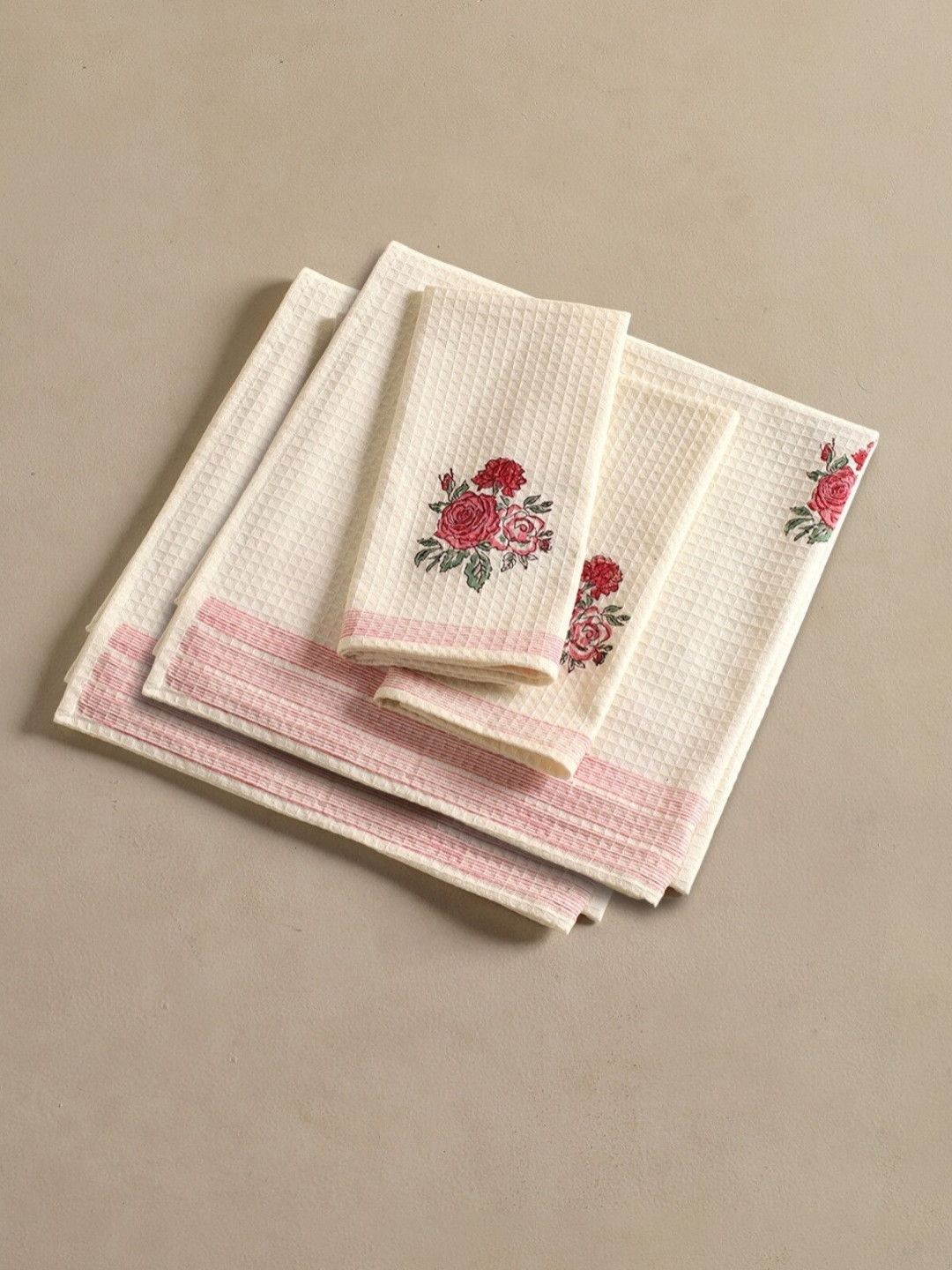 

Peepul Tree Piece of 4 Off White & Red Floral Block Printed Cotton Hand&Bath Waffle Towels