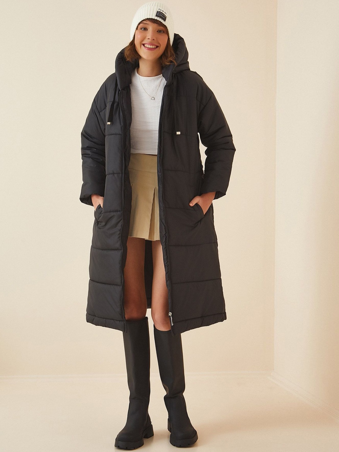 

Happiness istanbul Hooded Long Sleeves Overcoat, Black