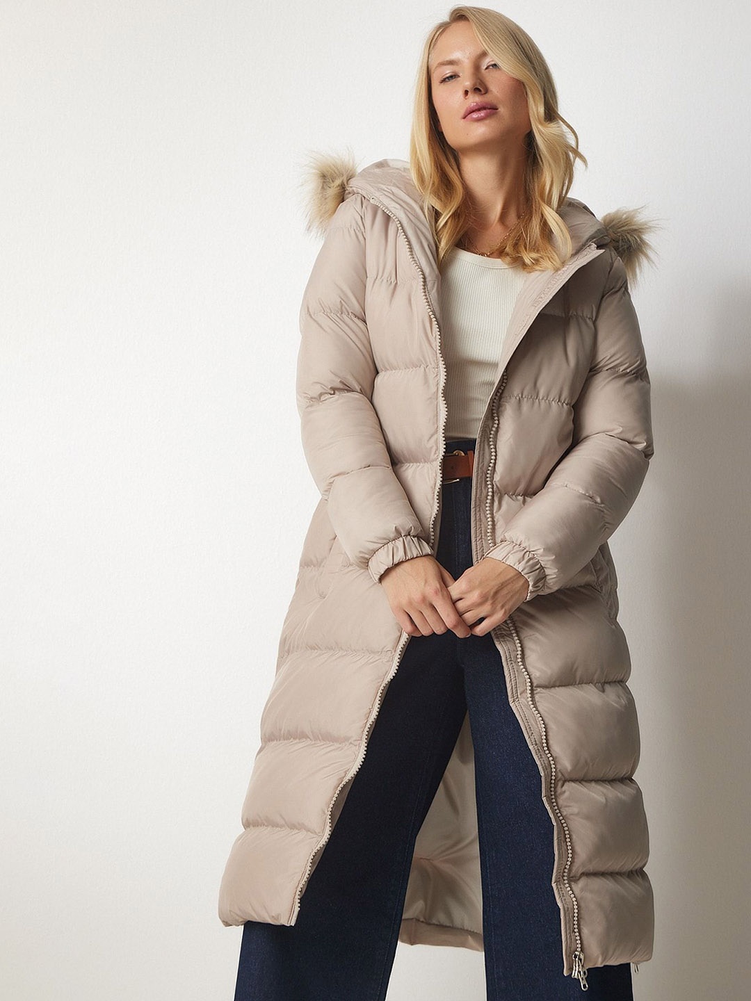 

Happiness istanbul Hooded Longline Overcoat, Beige