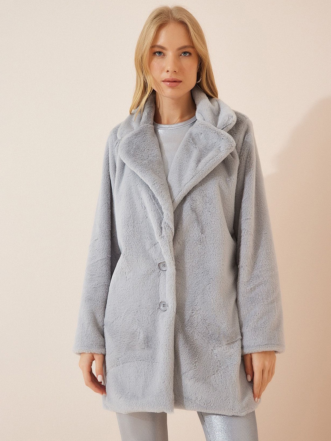 

Happiness istanbul Self Design Single Breasted Overcoats, Grey